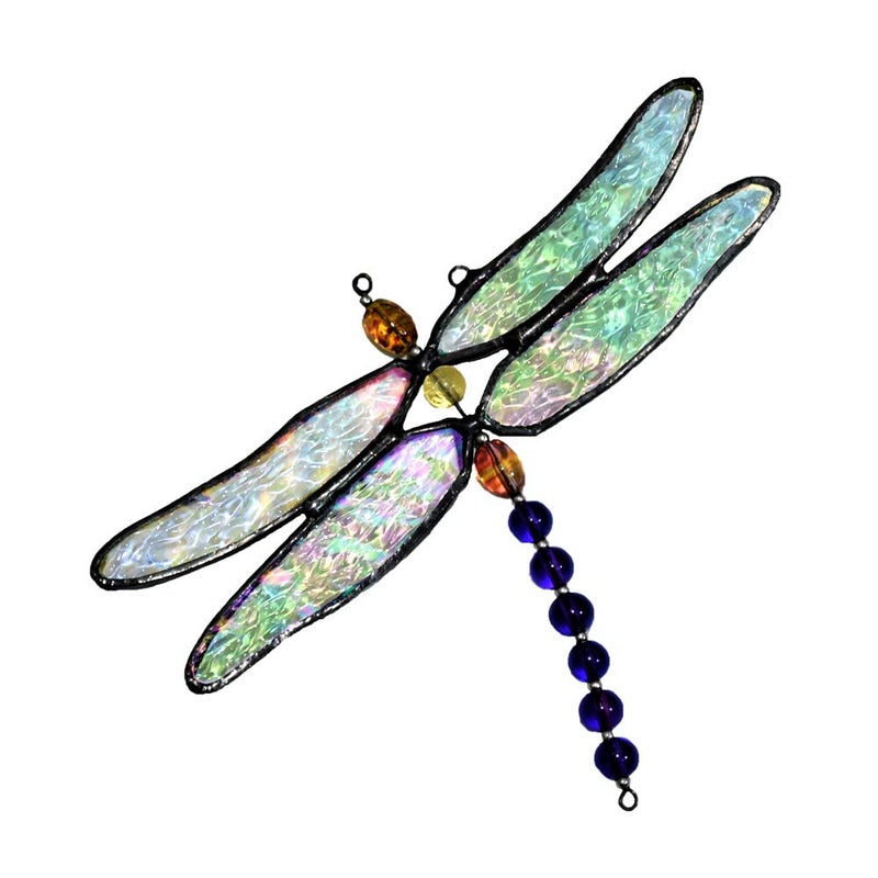 Stained Glass Dragonfly Ornament  Iridescent Clear Textured Glass Suncatcher by J Devlin Glass Art  Handmade Window Dcor