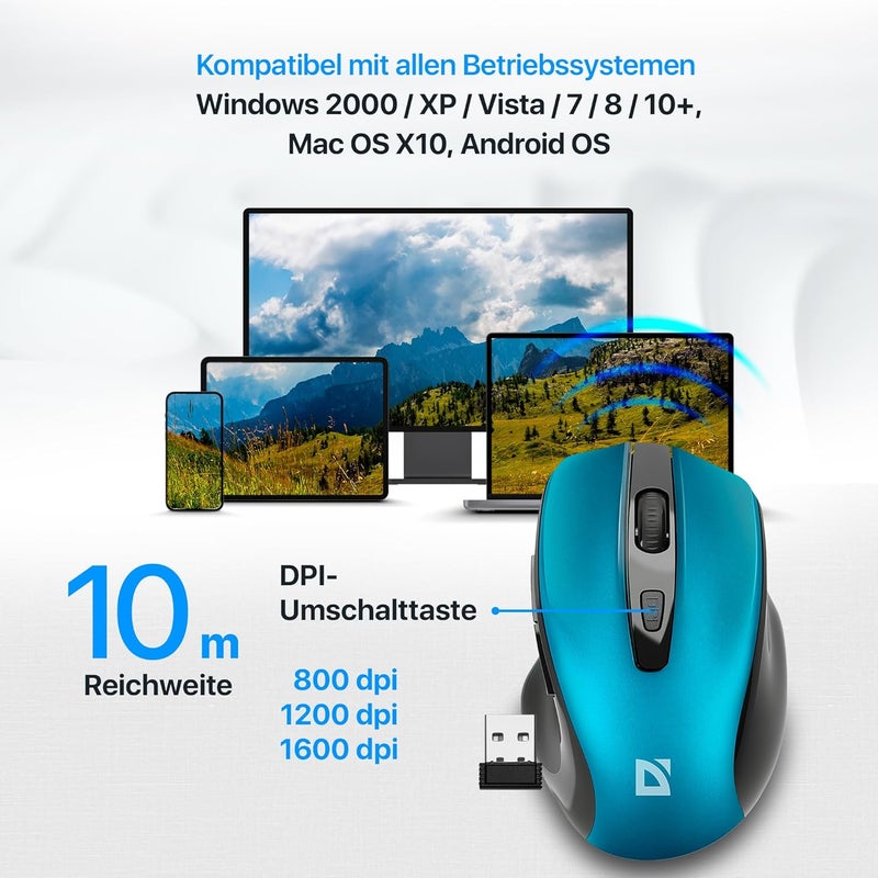 Defender Prime MB-053 Wireless Optical Mouse, Ergonomic Silent Click Office Mouse with PixArt Sensor & 6 Buttons (Turquoise) - Image 3