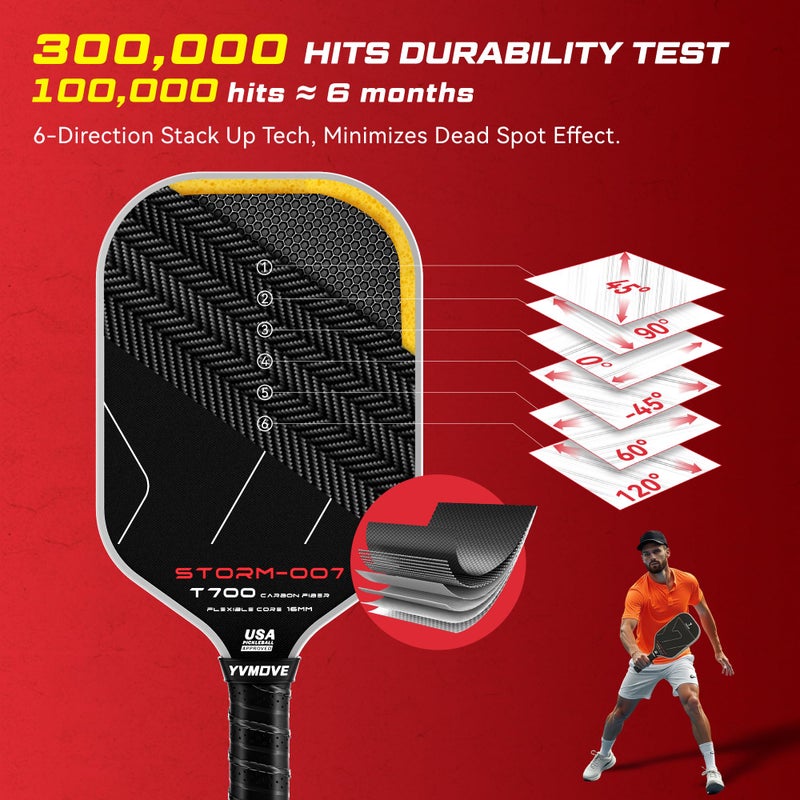YVmove Pickleball Paddle with T700 Raw Carbon Fiber Surface & 16mm STR-Core Power Polymer Core, Premium Pickle Ball Racket Designed for Ultimate Spin & Consistency, USAPA Approved Storm 007 - Image 3