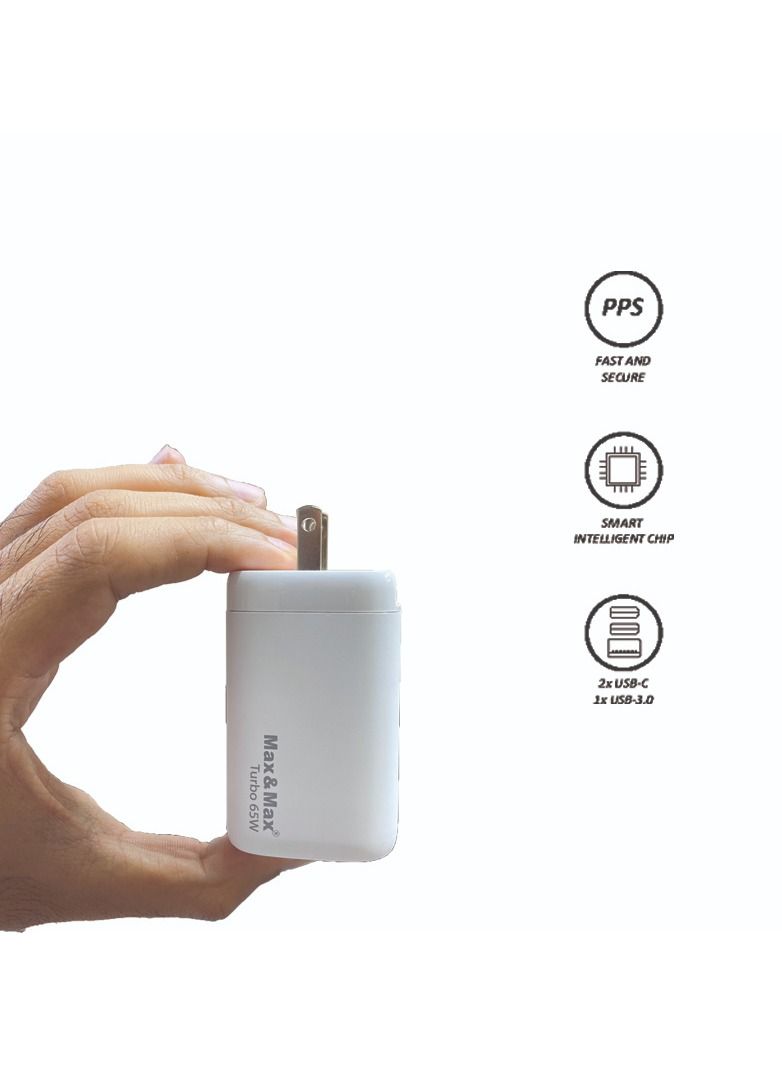 Max & Max 65W GaN Fast Charger Adapter – 3-Port USB-C & USB-A PPS Turbo Power Adapter Compatible with MacBook Pro/Air, Laptops, iPad, iPhone 11–15 Series, Samsung S23/S10, Dell XPS & Lenovo – White - Image 5