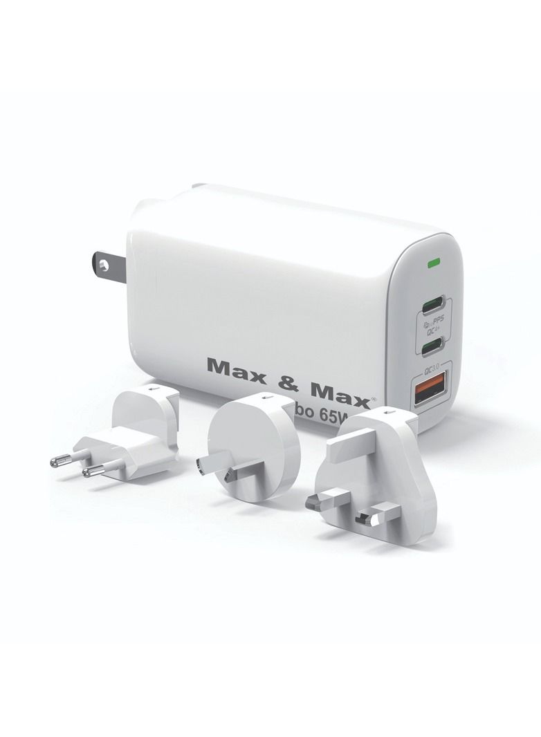 Max & Max 65W GaN Fast Charger Adapter – 3-Port USB-C & USB-A PPS Turbo Power Adapter Compatible with MacBook Pro/Air, Laptops, iPad, iPhone 11–15 Series, Samsung S23/S10, Dell XPS & Lenovo – White - Image 1