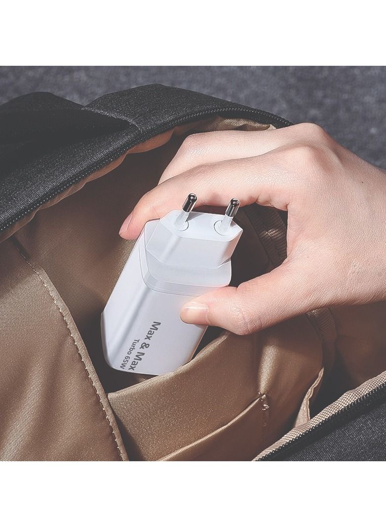 Max & Max 65W GaN Fast Charger Adapter – 3-Port USB-C & USB-A PPS Turbo Power Adapter Compatible with MacBook Pro/Air, Laptops, iPad, iPhone 11–15 Series, Samsung S23/S10, Dell XPS & Lenovo – White - Image 3