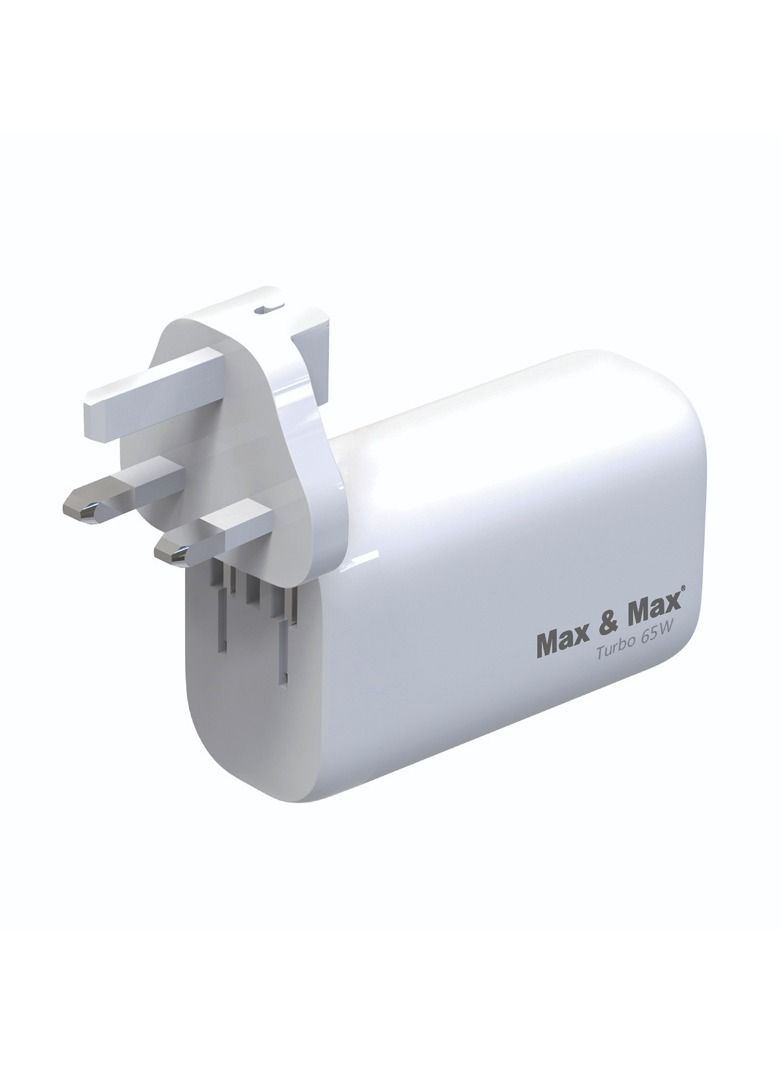 Max & Max 65W GaN Fast Charger Adapter – 3-Port USB-C & USB-A PPS Turbo Power Adapter Compatible with MacBook Pro/Air, Laptops, iPad, iPhone 11–15 Series, Samsung S23/S10, Dell XPS & Lenovo – White - Image 2