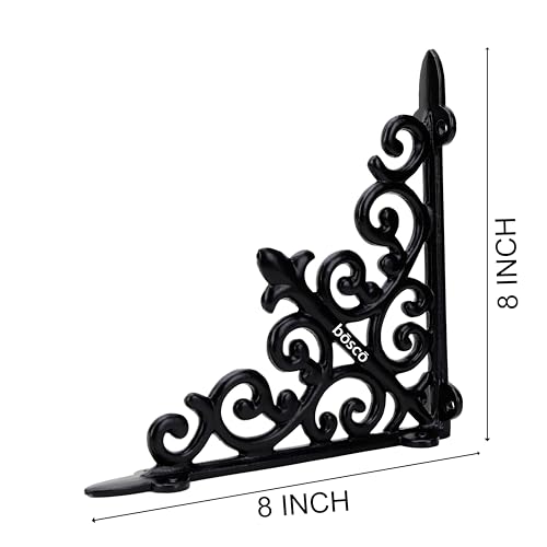 BOSCO Designer Multipurpose Shelf Bracket Set of 2 – 8 x 8 Inch (20x20 cm) Heavy Duty Wrought Iron Wall Brackets with Fittings – Black Wall Angle Shelf Support for Home, Garage, Garden, Office - Image 2