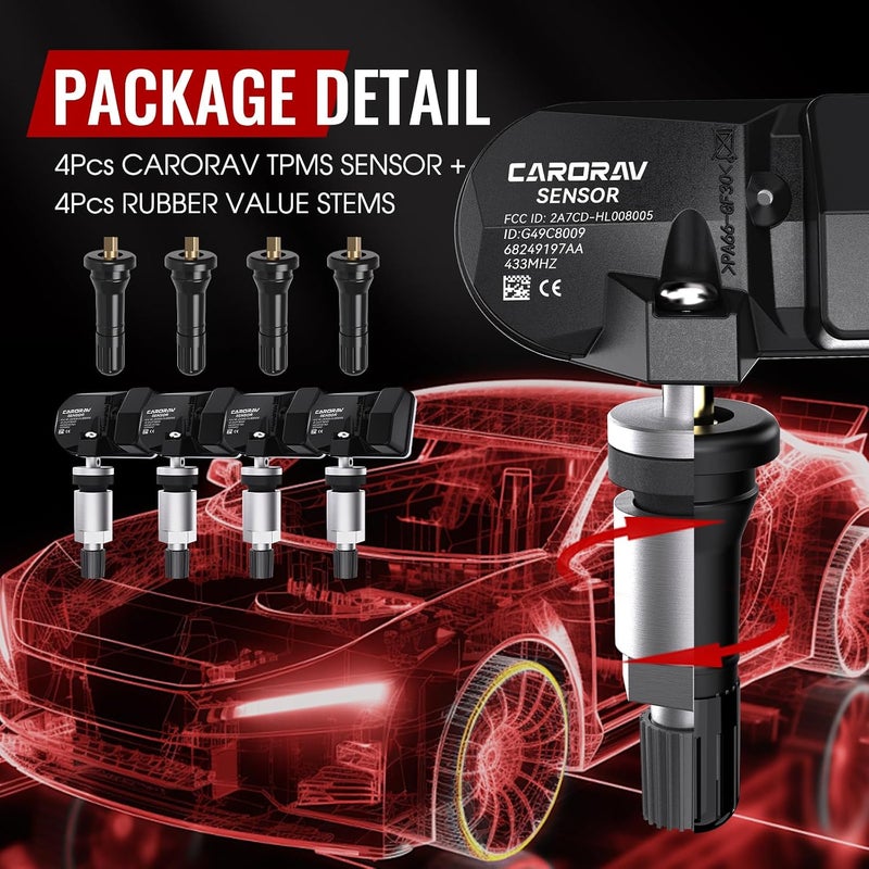CARORAV TPMS Sensor 434MHz Tire Pressure Monitoring System Replacement for Jeep Cherokee Dodge RAM - 4-Pack - Image 4