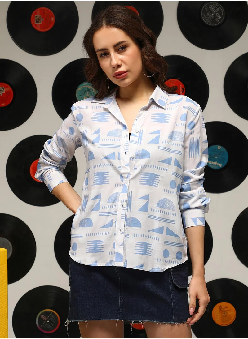 Campus Sutra Women's Azure Blue:Off-White Contrast Geometric Shirt