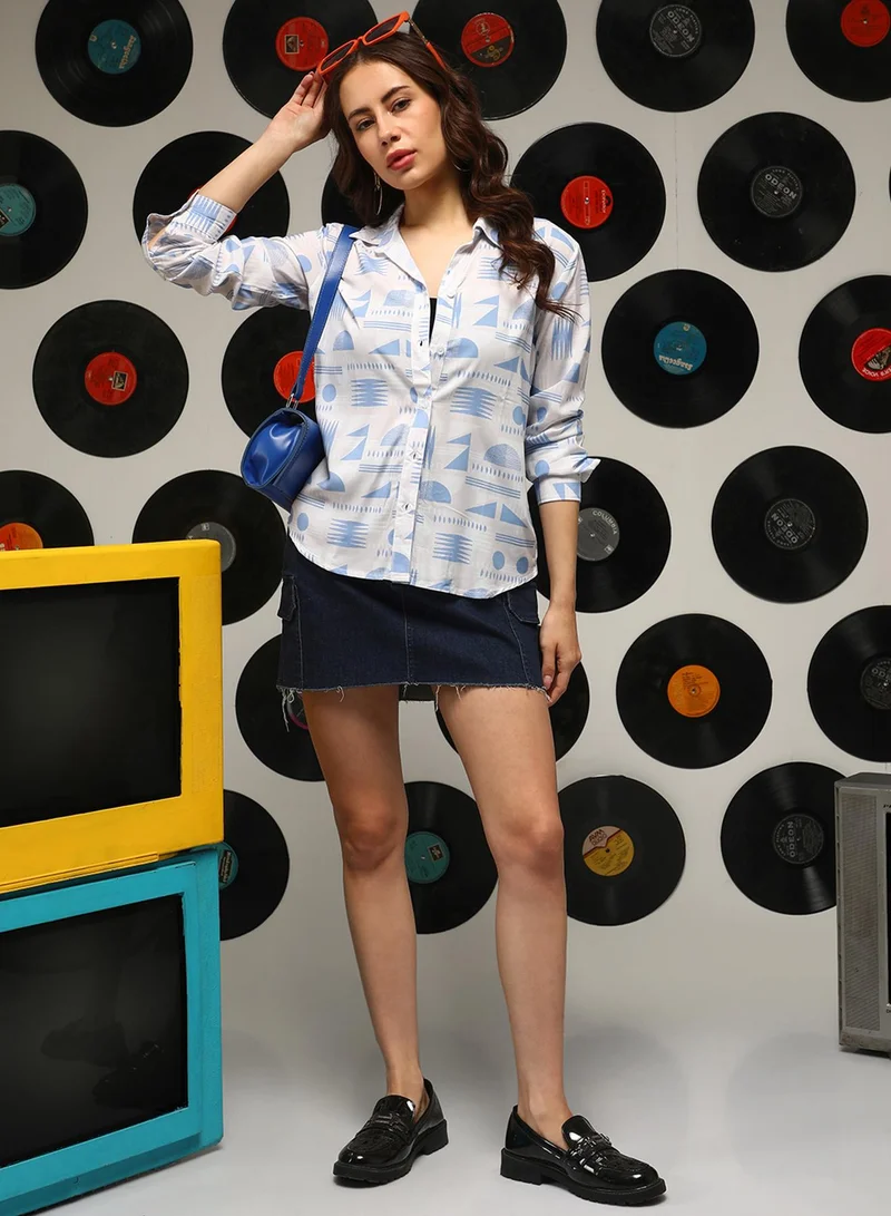 Campus Sutra Women's Azure Blue:Off-White Contrast Geometric Shirt