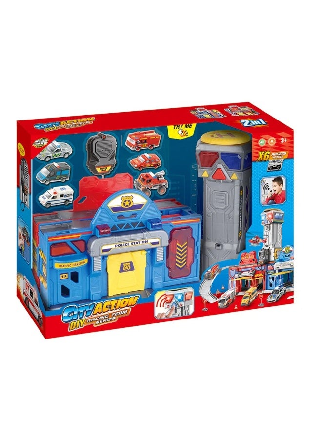 ستيم مجموعة ألعاب 2 في 1 للإنقاذ والدوريات: مركز إطفاء وشرطة مع 6 متسابقين - Image 1