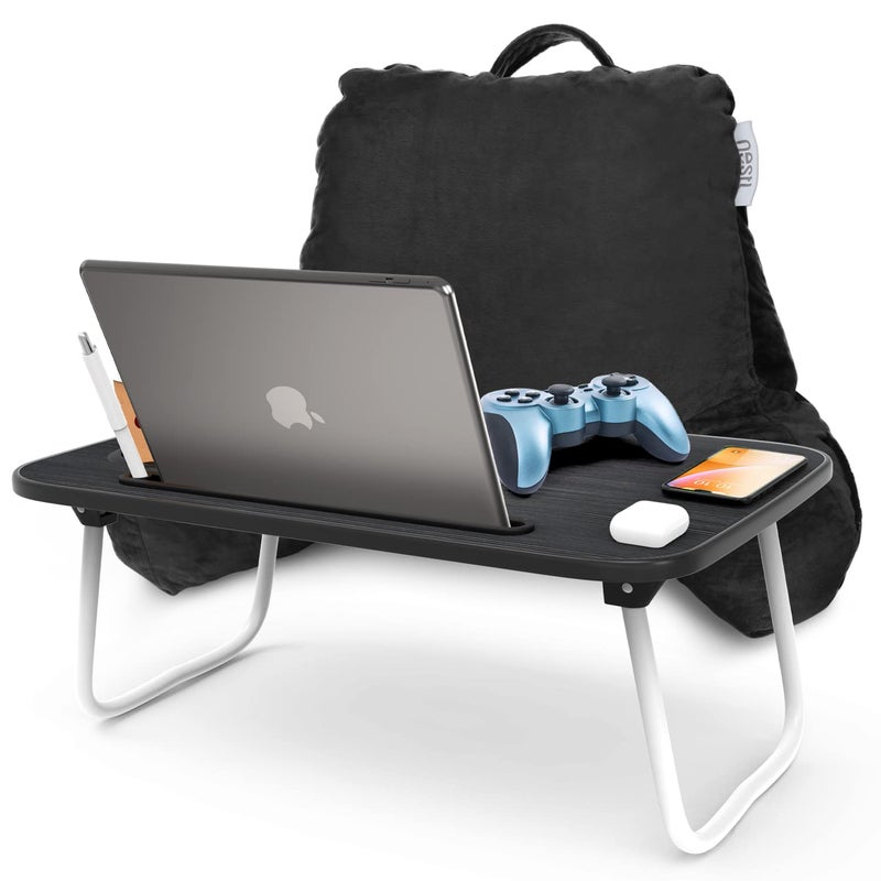 Nestl Nestl Reading Pillow with Portable Laptop Lap Desk Velvet Feel Back Pillow for Sitting in Bed Memory Foam Back Support Pillow for Bed Bed Rest Pillow with Arms Standard  Black VNBRPLDMblk 