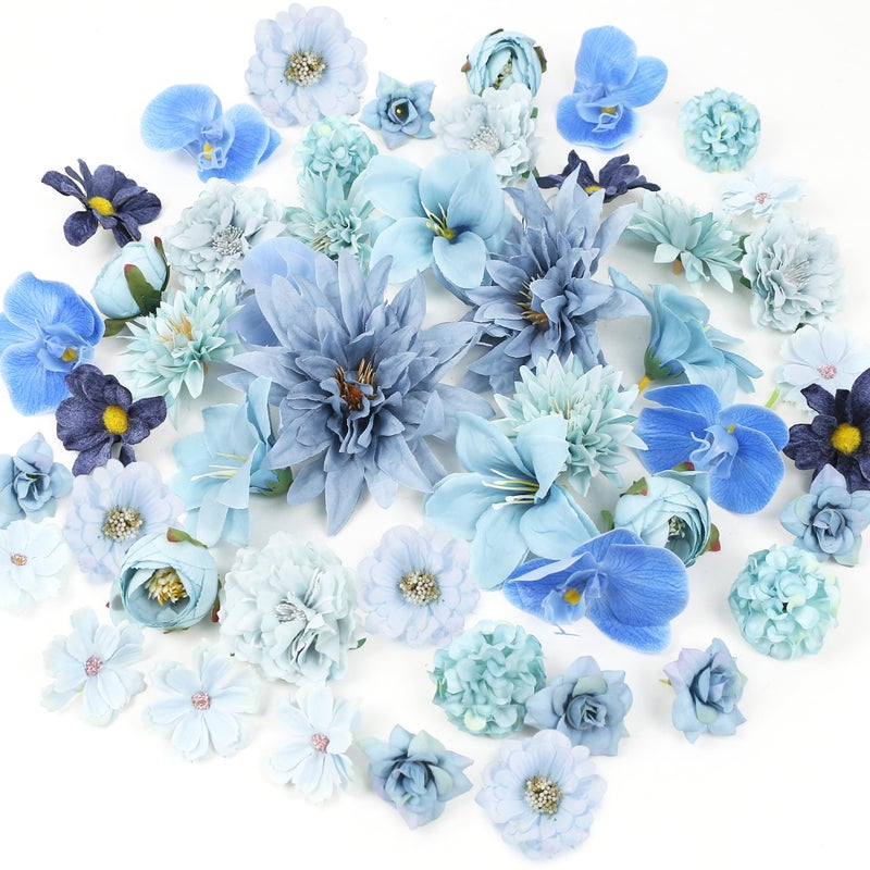 LACGO 48 PCS Fake Flowers Heads - Artificial Flower Heads Bulk Silk Faux Flower for Crafts Cake Blossom Wreath Garland Bouquets for Crafts Wedding Bridal Party Baby Shower Home Decoration(Blue) - Image 1