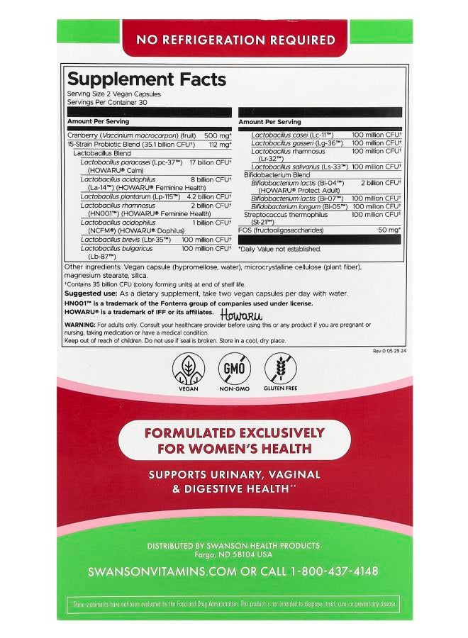 SWANSON Women's Daily Probiotic + Prebiotic FOS With Cranberry 35 Billion CFU 60 Vegan Capsules - Image 2