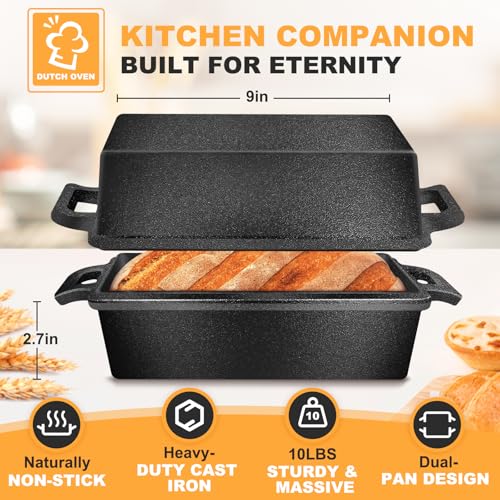 MSJGA 9×5 Inch Cast Iron Loaf Pans with Lid for Bread Baking, 2 In 1 Bread Pan with Sourdough Bread Baking Supplies - Image 2