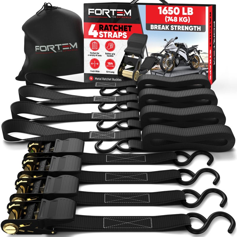 FORTEM Fortem Ratchet Straps, 4X 15ft Tie Down Strap Set, 4X Soft Loops, Motorcycle Straps Tie Downs, Cargo Straps for Trucks, 1500lb Break Strength, Rubber Handles, Coated Metal Hooks, Carrying Bag (Black) - Image 1