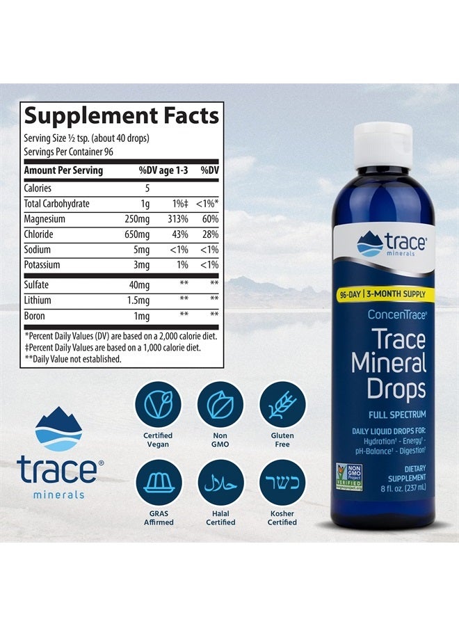 Trace Minerals قطرات كونسينترايس | معادن طيف كامل | مغنيسيوم سائل أيوني، كلوريد، بوتاسيوم | صوديوم منخفض | طاقة، إلكتروليتات، ترطيب | إمداد لمدة 96 يوم، 8 أونصة سائلة (عبوة من 1) - Image 2