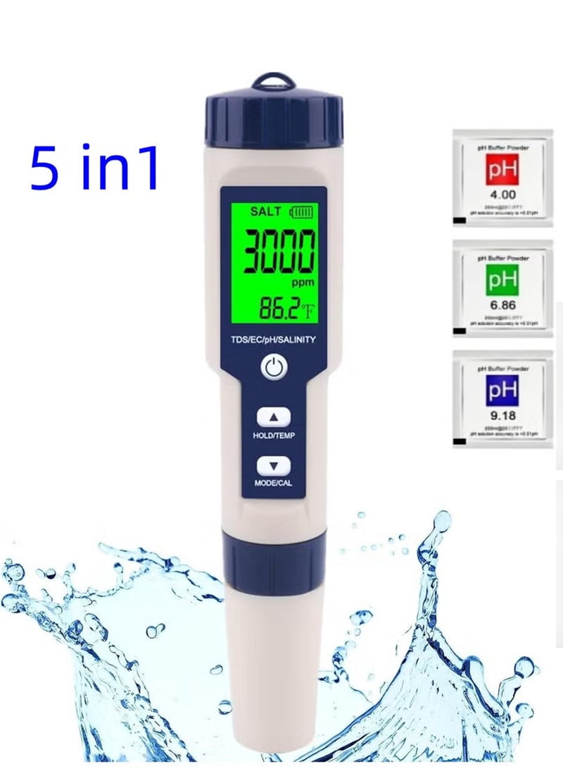 5 in 1 PH Meter,PH/TDS/EC/Salinity/Temp Meter for Water, High Accuracy Water Testing Kits for Drinking Water, Pools, Fish Tank, and Hydroponics,with 3 PH Buffer Powders - Image 1