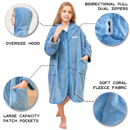 Hiturbo Kids Bath Towel Hoodie: Soft Plush Zipper Surf Poncho - Warm Fleece Changing Towels Swimming Outerwear (Blue) - Image 3