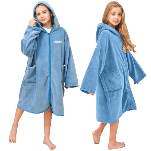 Hiturbo Kids Bath Towel Hoodie: Soft Plush Zipper Surf Poncho - Warm Fleece Changing Towels Swimming Outerwear (Blue) - Image 1