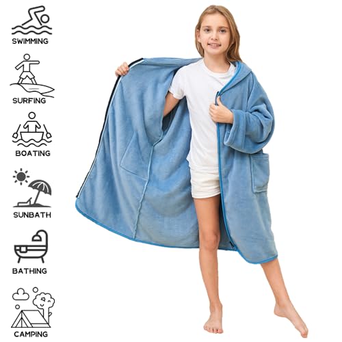 Hiturbo Kids Bath Towel Hoodie: Soft Plush Zipper Surf Poncho - Warm Fleece Changing Towels Swimming Outerwear (Blue) - Image 4