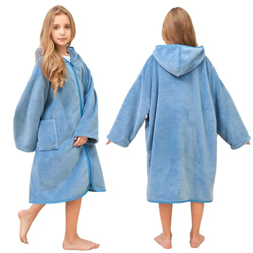 Hiturbo Kids Bath Towel Hoodie: Soft Plush Zipper Surf Poncho - Warm Fleece Changing Towels Swimming Outerwear (Blue) - Image 5