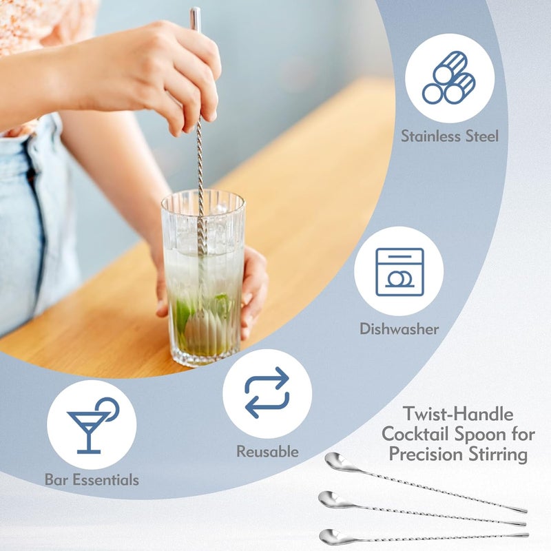 feehope ملعقة بار من الفولاذ المقاوم للصدأ 3 قطع، ملاعق تحريك مريحة لخلط الكوكتيلات بسهولة، ملعقة كوكتيل بمقبض ملتوي للتحريك بدقة - Image 5