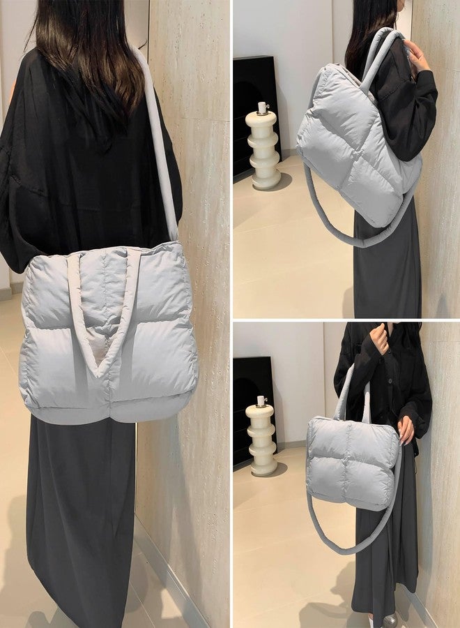 KARRESLY Puffer Shoulder Bag for Women Quilted Tote Bag Large Lightweight Padded Hobo Handbag with Zipper Puffy Purse(Grey) - Image 2