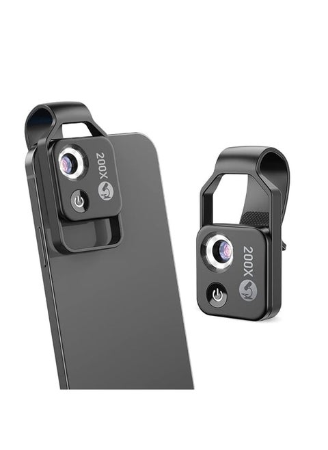 Mobile Phone Microscope 200X Mini Pocket Microscope With Led Light Universal Clip Portable Digital Magnifier Camera Accessory With Cpl Lens Compatible With Iphone Andriod Phones Black