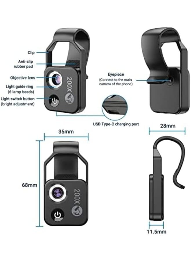 KASTWAVE - Mobile Phone Microscope 200X Mini Pocket Microscope With Led Light Universal Clip Portable Digital Magnifier Camera Accessory With Cpl Lens Compatible With Iphone Andriod Phones Black - Image 1