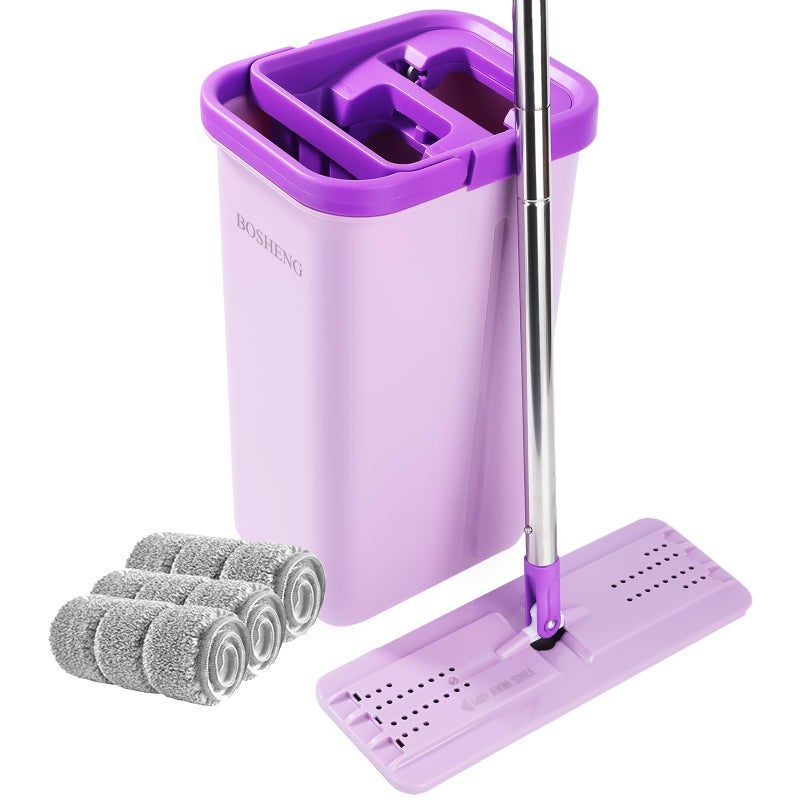 BOSHENG Mop and Bucket with Wringer Set, Hands Free Flat Floor Mop and Bucket, 3 Washable Microfiber Pads Included, Wet and Dry Use, Home Floor Cleaning System for All Floor Types and Windows, Purple - Image 1