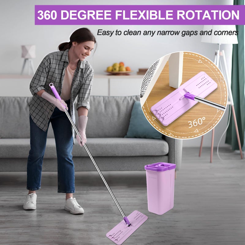 BOSHENG Mop and Bucket with Wringer Set, Hands Free Flat Floor Mop and Bucket, 3 Washable Microfiber Pads Included, Wet and Dry Use, Home Floor Cleaning System for All Floor Types and Windows, Purple - Image 5