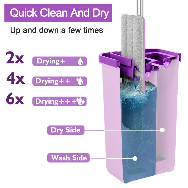 BOSHENG Mop and Bucket with Wringer Set, Hands Free Flat Floor Mop and Bucket, 3 Washable Microfiber Pads Included, Wet and Dry Use, Home Floor Cleaning System for All Floor Types and Windows, Purple - Image 2