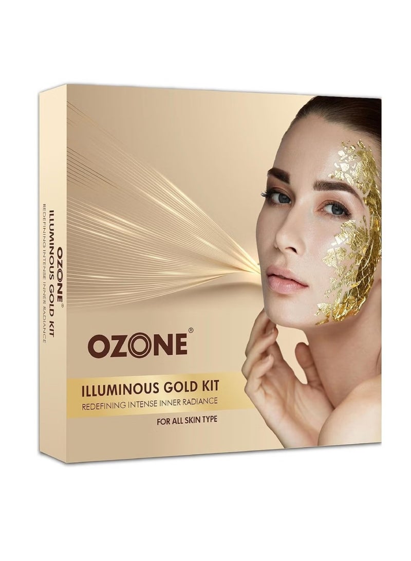 Ozone Illuminous Gold Facial Kit | For All Skin Type | With 6 Easy Step Organic Facial Kit For Natural Golden Glow| For Men & Women | 60 gm (Single Use)