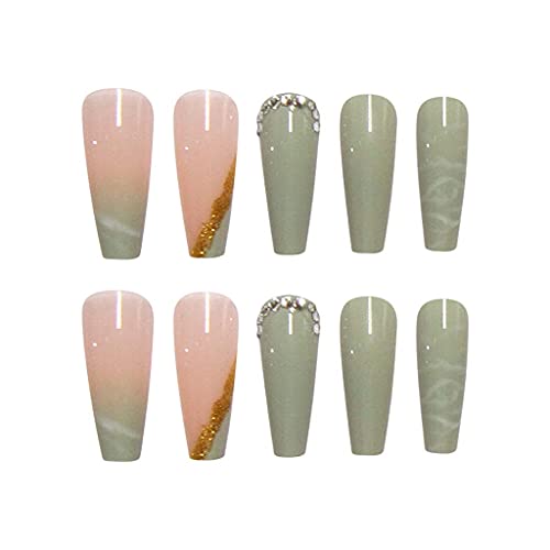 RikView Press on Nails Long Acrylic Nails Coffin Fake Nails Green Nails with Rhinestones - Image 5