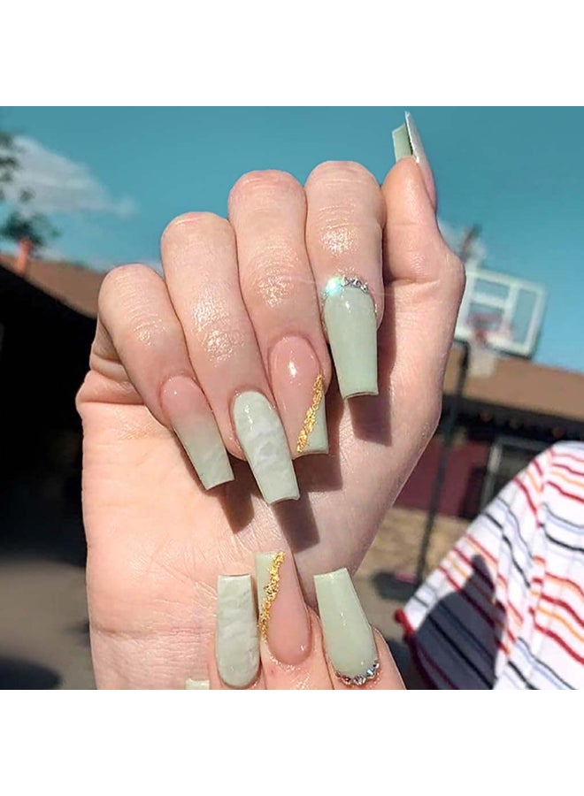 RikView Press on Nails Long Acrylic Nails Coffin Fake Nails Green Nails with Rhinestones - Image 3
