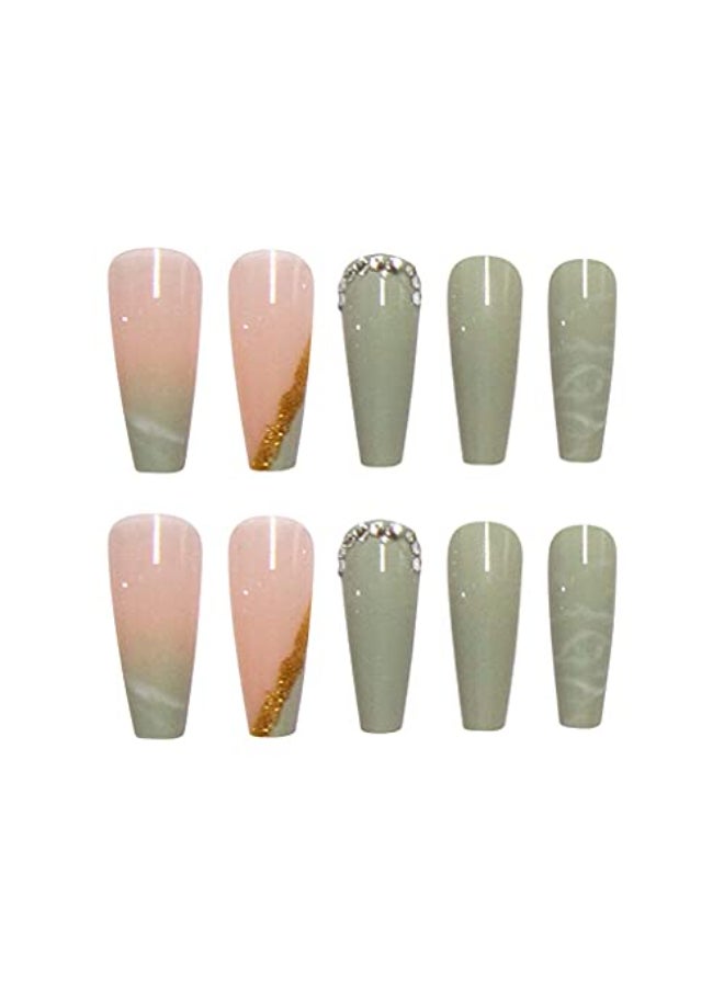 RikView Press on Nails Long Acrylic Nails Coffin Fake Nails Green Nails with Rhinestones - Image 4
