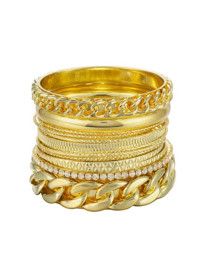 Ensoul Fashion Gold Color Multiple Textured Metal Bracelets & Bangles Set 14Pcs Set W Rhinestones - Image 1