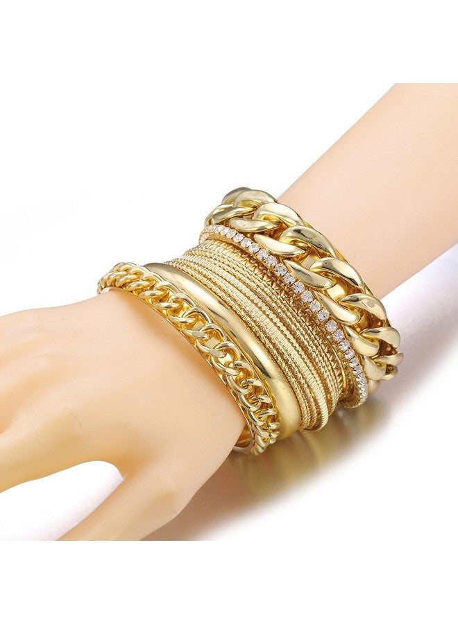 Ensoul Fashion Gold Color Multiple Textured Metal Bracelets & Bangles Set 14Pcs Set W Rhinestones - Image 3