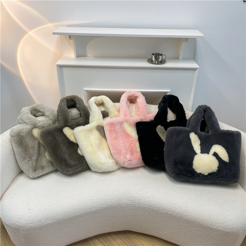 Plush Bag Travel Rabbit Pattern Furry 2024 Commuter Tote Large Capacity Plush Tote Bag - Image 3
