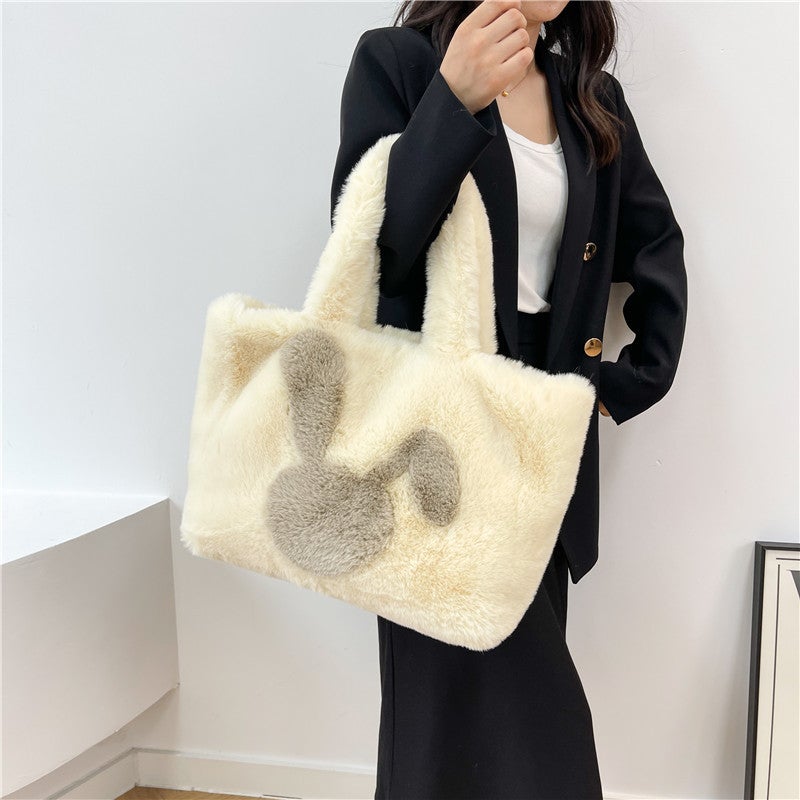 Plush Bag Travel Rabbit Pattern Furry 2024 Commuter Tote Large Capacity Plush Tote Bag - Image 2
