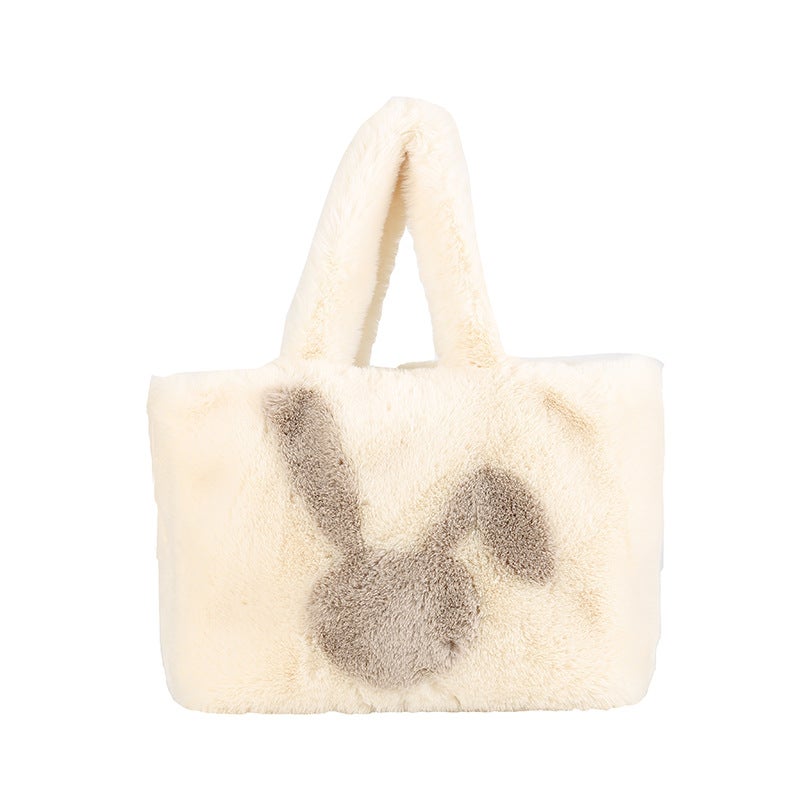 Plush Bag Travel Rabbit Pattern Furry 2024 Commuter Tote Large Capacity Plush Tote Bag - Image 1