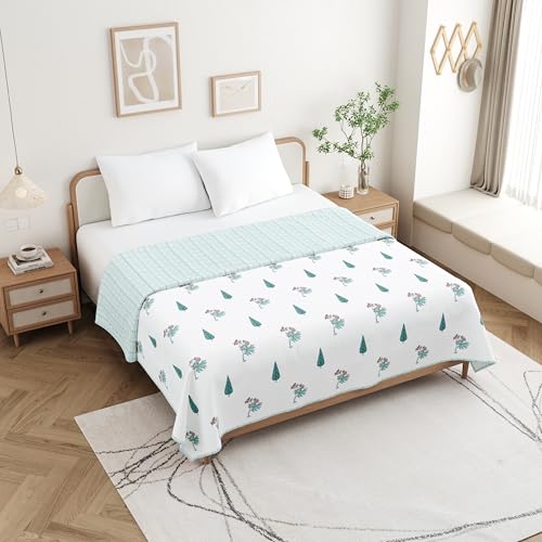 DE CAMA Cotton Double Bed Dohar | Hand Block Printed Summer AC Blanket (90 x 100 Inch)| Mulmul Fabric 150 GSM | Soft & Lightweight Comforter for All Seasons | Reversible Design - Green Leaf - Image 3