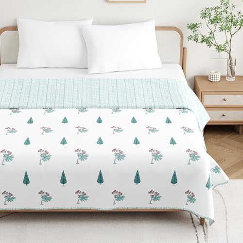 DE CAMA Cotton Double Bed Dohar | Hand Block Printed Summer AC Blanket (90 x 100 Inch)| Mulmul Fabric 150 GSM | Soft & Lightweight Comforter for All Seasons | Reversible Design - Green Leaf - Image 1
