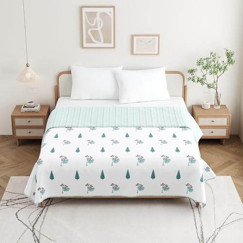 DE CAMA Cotton Double Bed Dohar | Hand Block Printed Summer AC Blanket (90 x 100 Inch)| Mulmul Fabric 150 GSM | Soft & Lightweight Comforter for All Seasons | Reversible Design - Green Leaf - Image 2