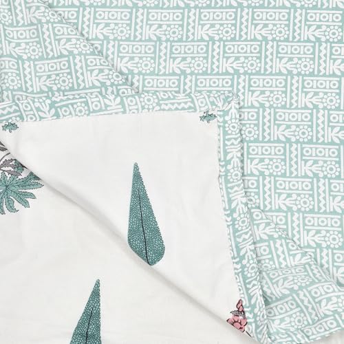 DE CAMA Cotton Double Bed Dohar | Hand Block Printed Summer AC Blanket (90 x 100 Inch)| Mulmul Fabric 150 GSM | Soft & Lightweight Comforter for All Seasons | Reversible Design - Green Leaf - Image 4