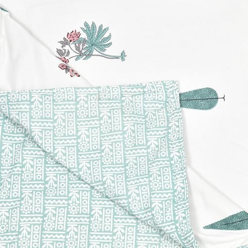DE CAMA Cotton Double Bed Dohar | Hand Block Printed Summer AC Blanket (90 x 100 Inch)| Mulmul Fabric 150 GSM | Soft & Lightweight Comforter for All Seasons | Reversible Design - Green Leaf - Image 5