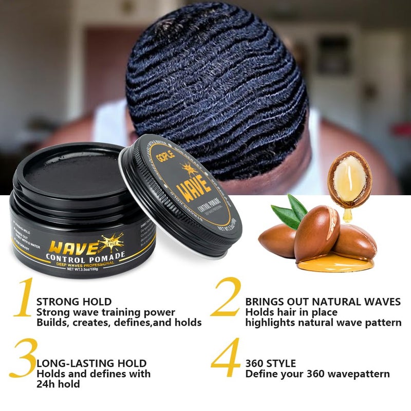 Goiple Wave Pomade for Men - Strong Hold, Easy Wash, Promotes Layered Waves, Moisture, Silky Shine, Hair Cream, Grease, Brush, Durag, Cap Set (Red) - Image 2