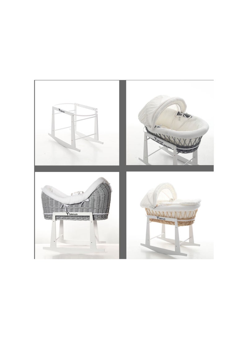 TEKNUM - Infant Wicker Pod Moses Basket With White Waffle Beddings And White Rocker Stand - Wooden Grey - Image 1