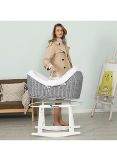 TEKNUM Infant Wicker Pod Moses Basket With White Waffle Beddings And White Rocker Stand - Wooden Grey  - Image 5