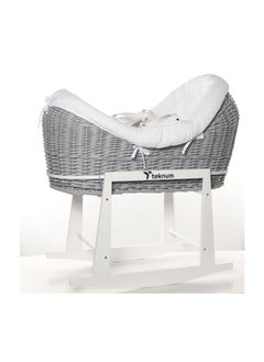 TEKNUM Infant Wicker Pod Moses Basket With White Waffle Beddings And White Rocker Stand - Wooden Grey  - Image 3