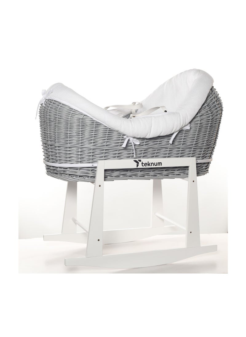 TEKNUM - Infant Wicker Pod Moses Basket With White Waffle Beddings And White Rocker Stand - Wooden Grey - Image 1