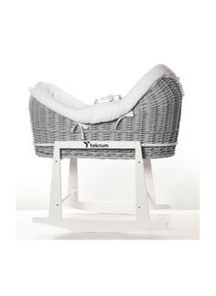 TEKNUM Infant Wicker Pod Moses Basket With White Waffle Beddings And White Rocker Stand - Wooden Grey  - Image 1